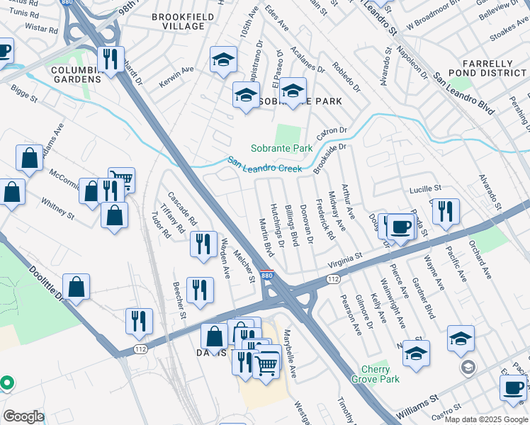 map of restaurants, bars, coffee shops, grocery stores, and more near 808 Martin Boulevard in San Leandro