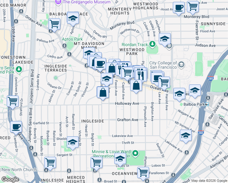 map of restaurants, bars, coffee shops, grocery stores, and more near 143 De Montfort Avenue in San Francisco