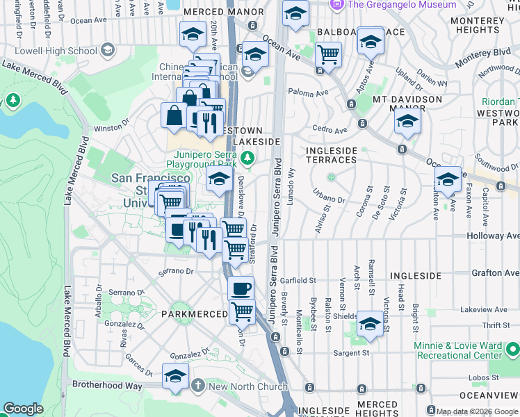map of restaurants, bars, coffee shops, grocery stores, and more near 62 Stratford Drive in San Francisco