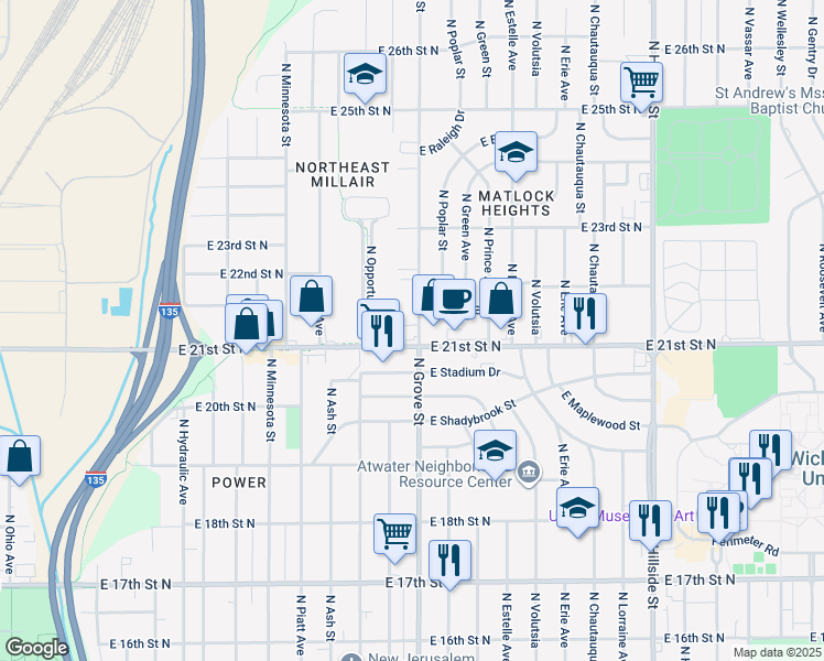 map of restaurants, bars, coffee shops, grocery stores, and more near 2213 North Grove Street in Wichita
