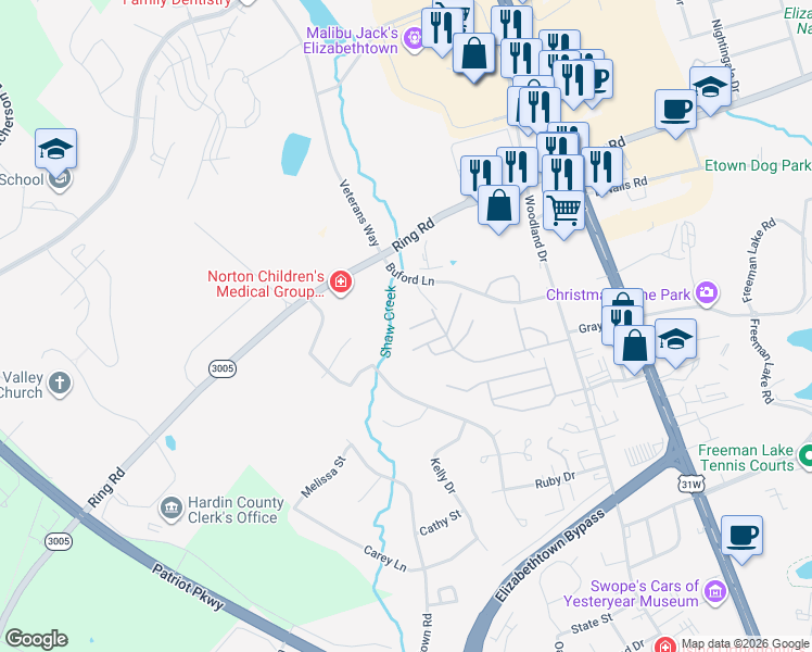map of restaurants, bars, coffee shops, grocery stores, and more near 801-899 Tisha Ct in Elizabethtown