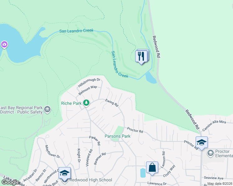 map of restaurants, bars, coffee shops, grocery stores, and more near 4634 Ewing Road in Castro Valley