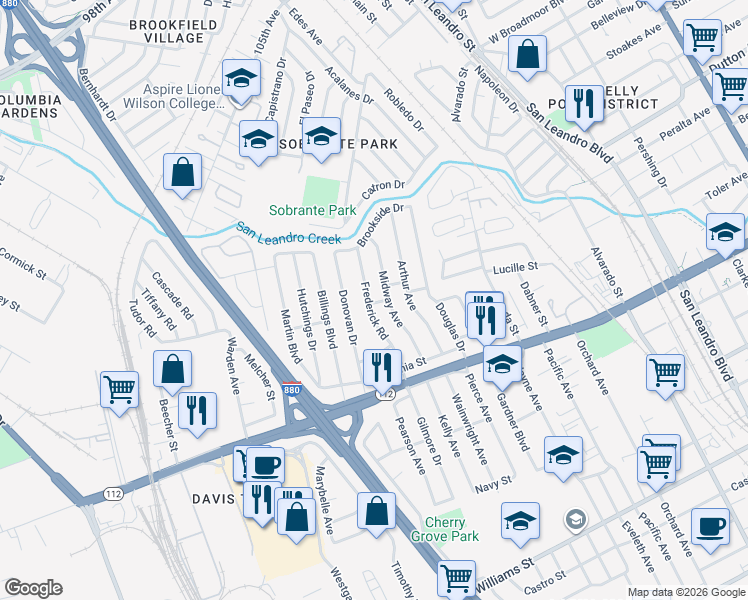map of restaurants, bars, coffee shops, grocery stores, and more near 851 Frederick Road in San Leandro