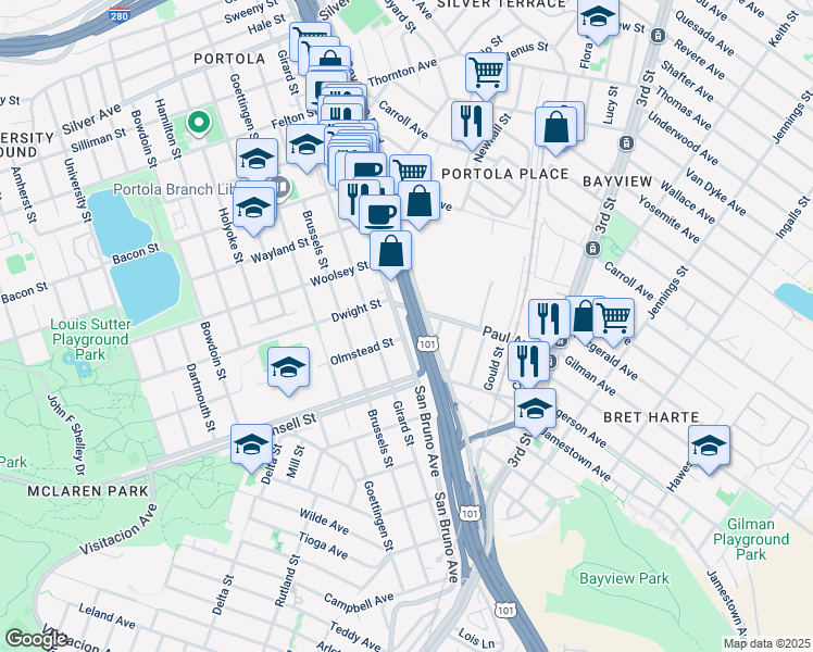 map of restaurants, bars, coffee shops, grocery stores, and more near 3027 San Bruno Avenue in San Francisco