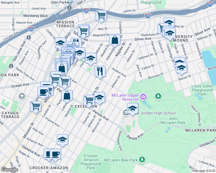 map of restaurants, bars, coffee shops, grocery stores, and more near 314 Vienna Street in San Francisco