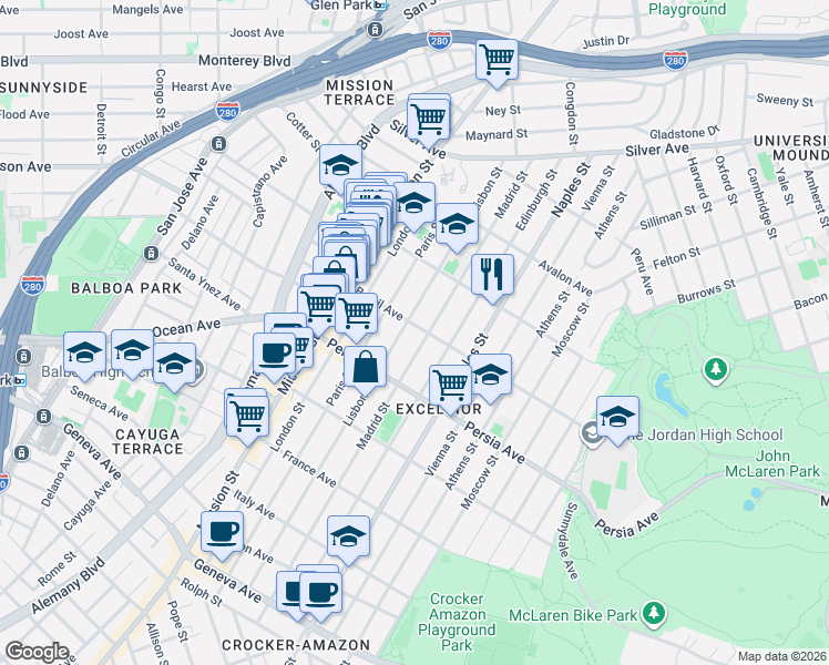 map of restaurants, bars, coffee shops, grocery stores, and more near 378 Madrid Street in San Francisco