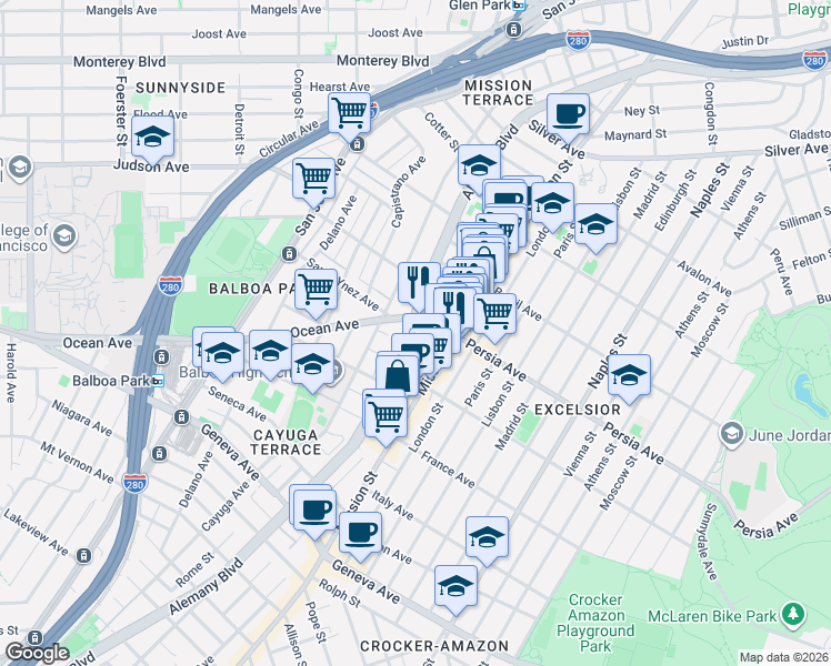 map of restaurants, bars, coffee shops, grocery stores, and more near in San Francisco