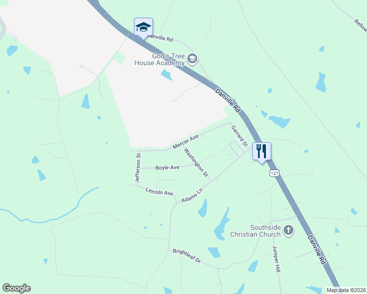 map of restaurants, bars, coffee shops, grocery stores, and more near 170 Mercer Avenue in Harrodsburg