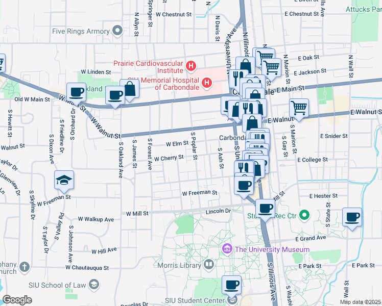 map of restaurants, bars, coffee shops, grocery stores, and more near 403 South Poplar Street in Carbondale