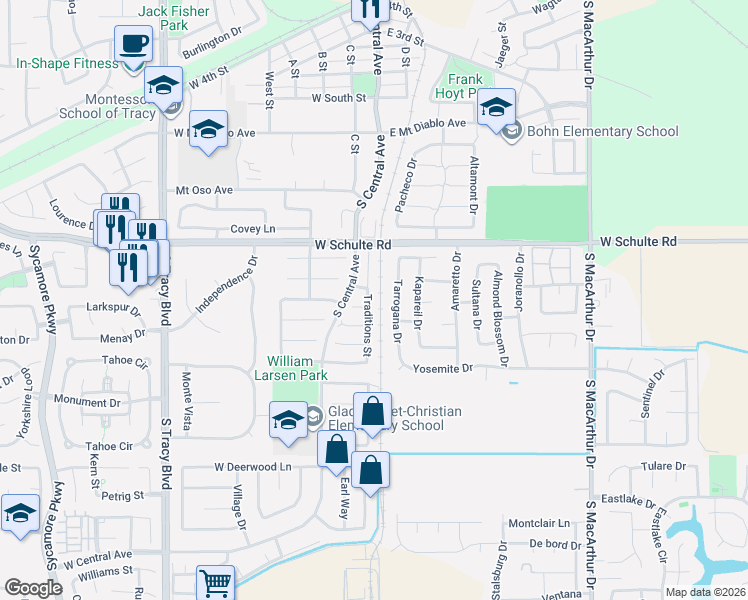map of restaurants, bars, coffee shops, grocery stores, and more near 960 Traditions Street in Tracy