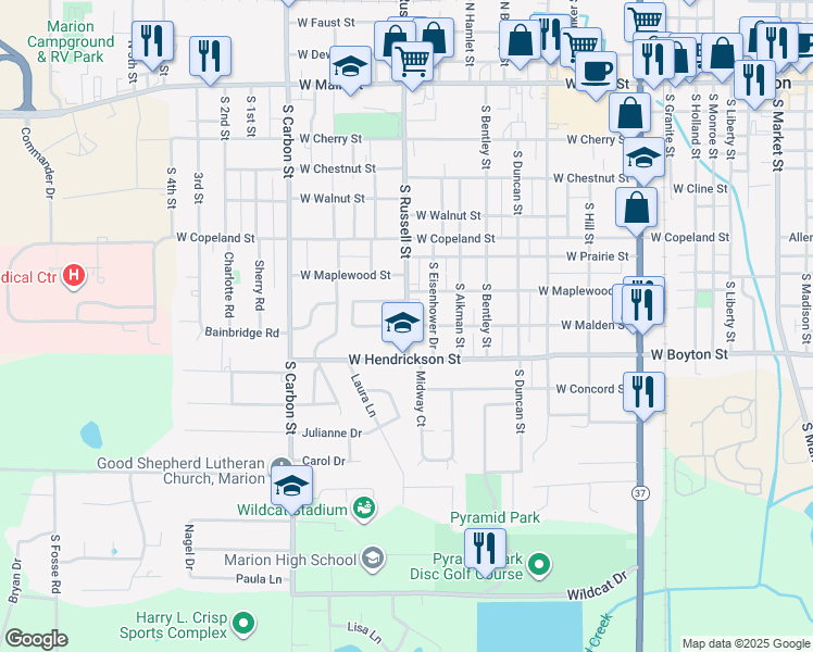 map of restaurants, bars, coffee shops, grocery stores, and more near 1500 West Malden Street in Marion