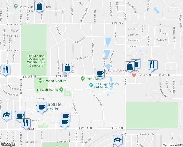 map of restaurants, bars, coffee shops, grocery stores, and more near 2201 N Belmont St in Wichita