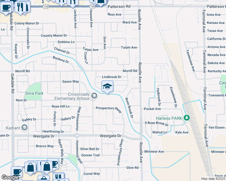map of restaurants, bars, coffee shops, grocery stores, and more near 5922 Newbrook Circle in Riverbank