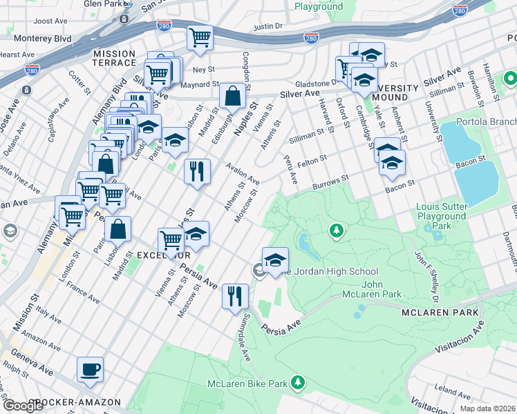 map of restaurants, bars, coffee shops, grocery stores, and more near 239 Moscow Street in San Francisco