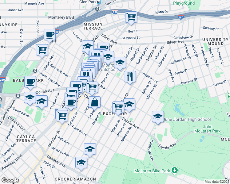 map of restaurants, bars, coffee shops, grocery stores, and more near 407 Brazil Avenue in San Francisco