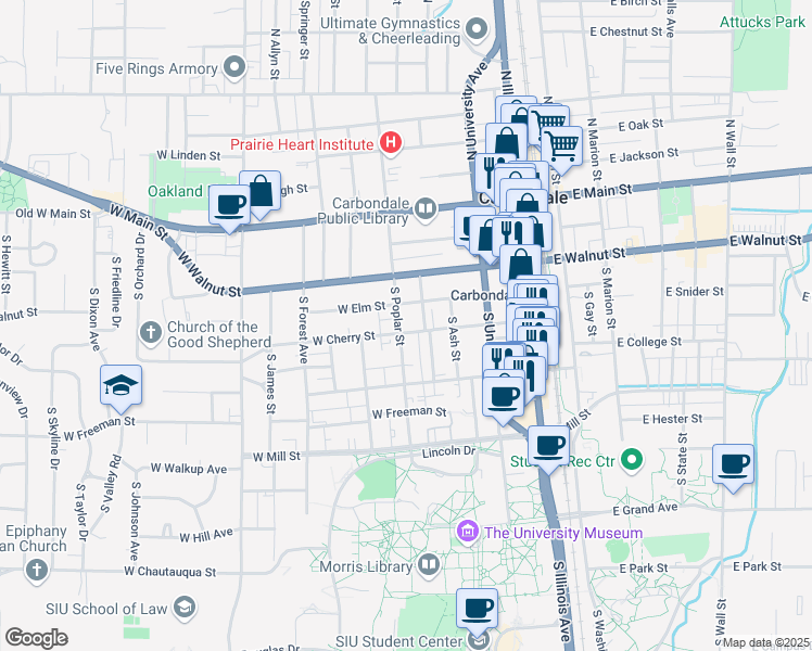 map of restaurants, bars, coffee shops, grocery stores, and more near 411 South Poplar Street in Carbondale