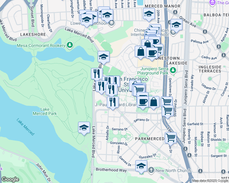 map of restaurants, bars, coffee shops, grocery stores, and more near 750 Font Boulevard in San Francisco