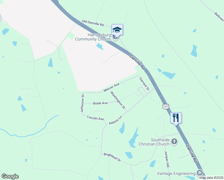 map of restaurants, bars, coffee shops, grocery stores, and more near 170 Mercer Avenue in Harrodsburg