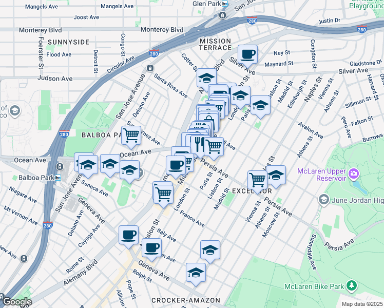 map of restaurants, bars, coffee shops, grocery stores, and more near 4680 Mission Street in San Francisco