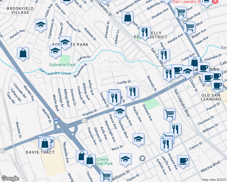 map of restaurants, bars, coffee shops, grocery stores, and more near 165 Preda Street in San Leandro