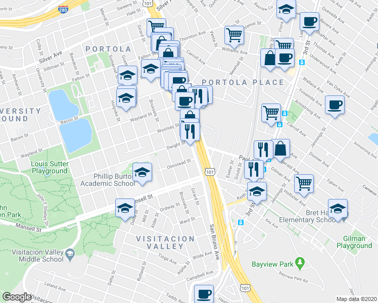 map of restaurants, bars, coffee shops, grocery stores, and more near 3027 San Bruno Avenue in San Francisco