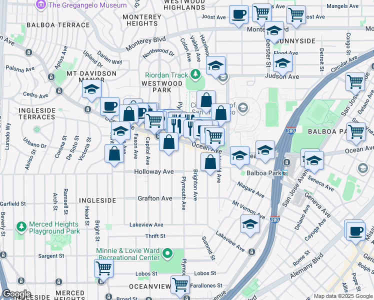map of restaurants, bars, coffee shops, grocery stores, and more near 1201 Ocean Avenue in San Francisco