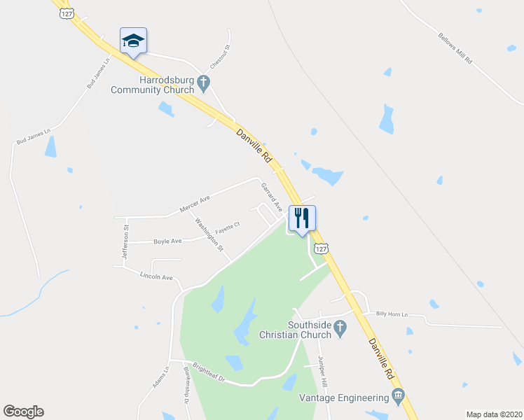 map of restaurants, bars, coffee shops, grocery stores, and more near 116 Garrard Avenue in Harrodsburg