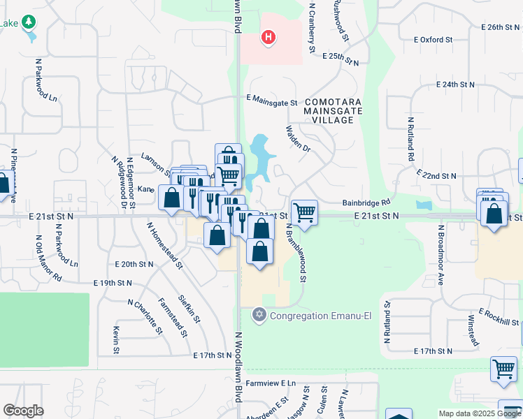 map of restaurants, bars, coffee shops, grocery stores, and more near 6500 East 21st Street North in Wichita