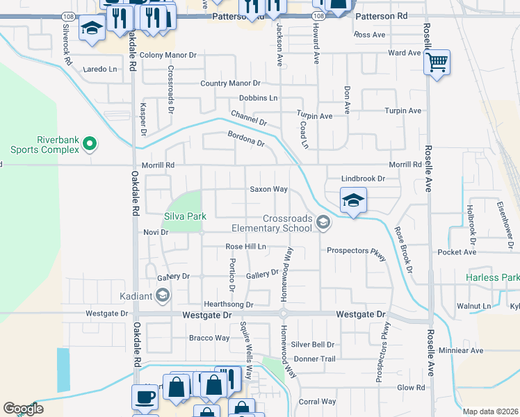 map of restaurants, bars, coffee shops, grocery stores, and more near 2512 Arcadia Court in Riverbank