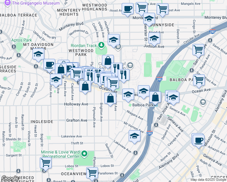 map of restaurants, bars, coffee shops, grocery stores, and more near Ocean Avenue in San Francisco