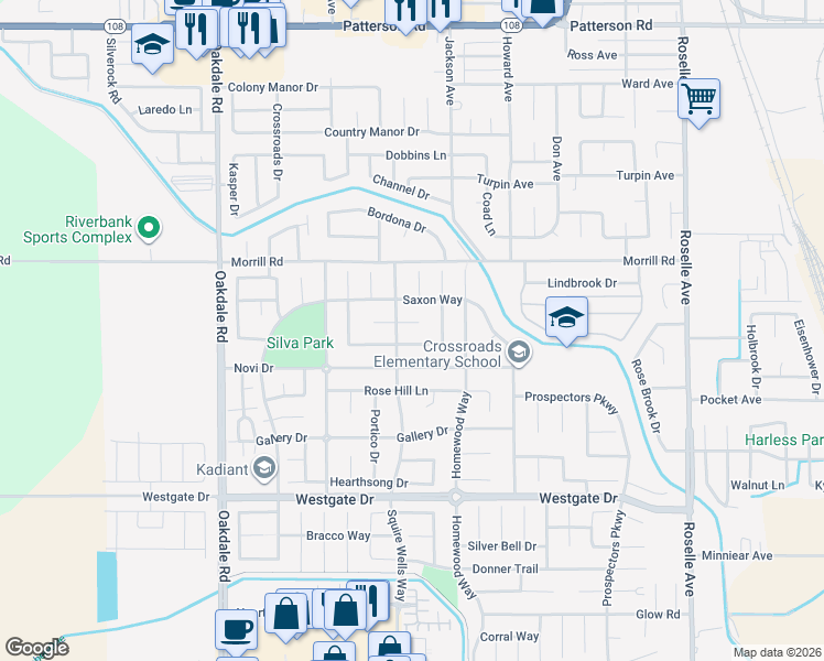 map of restaurants, bars, coffee shops, grocery stores, and more near 2512 Arcadia Court in Riverbank