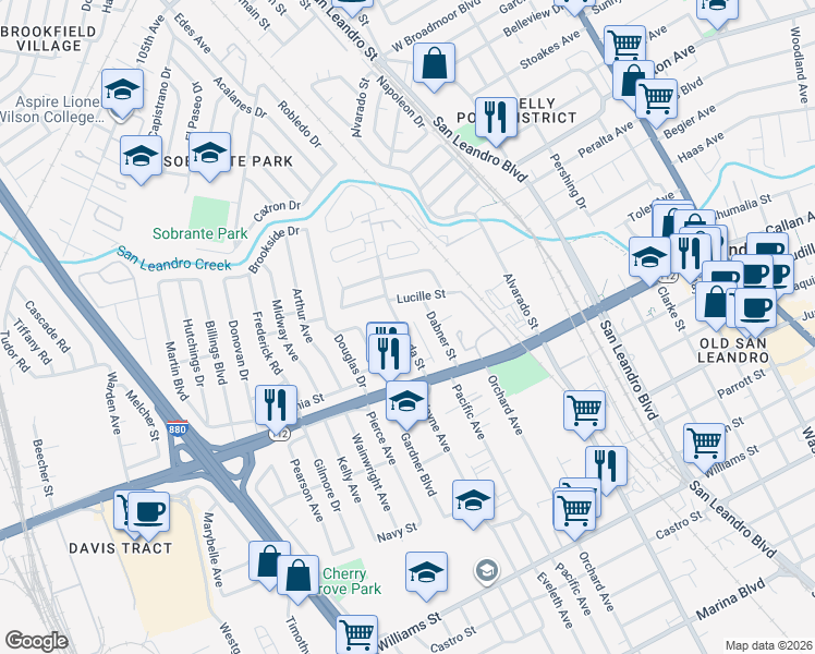 map of restaurants, bars, coffee shops, grocery stores, and more near 134 Preda Street in San Leandro