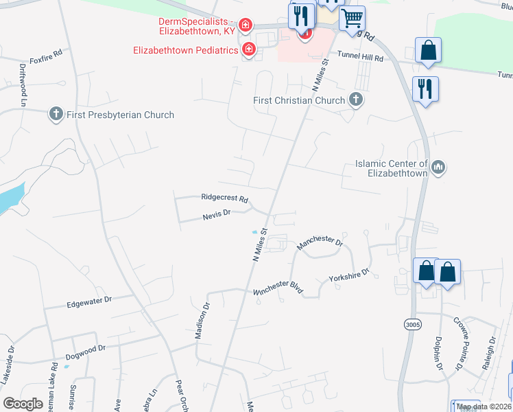 map of restaurants, bars, coffee shops, grocery stores, and more near 305 Ridgecrest Road in Elizabethtown