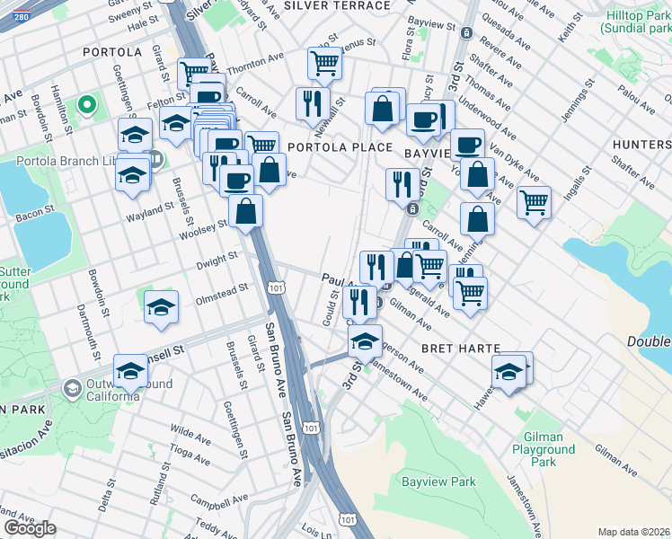 map of restaurants, bars, coffee shops, grocery stores, and more near 200 Paul Avenue in San Francisco