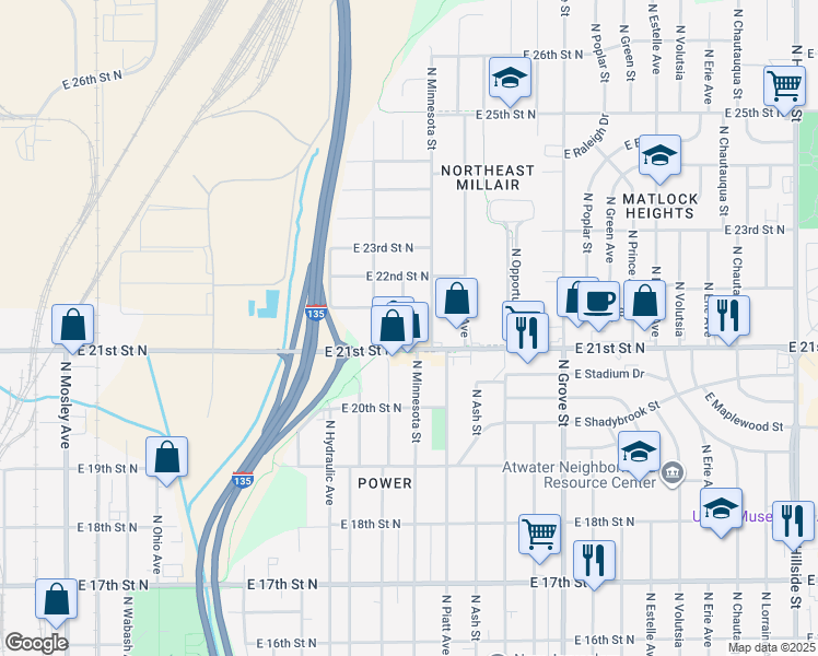 map of restaurants, bars, coffee shops, grocery stores, and more near 2222 North Minneapolis Street in Wichita