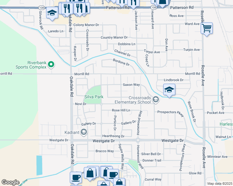 map of restaurants, bars, coffee shops, grocery stores, and more near 2440 Browns Court in Riverbank