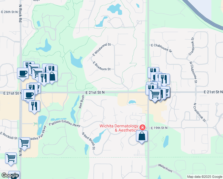 map of restaurants, bars, coffee shops, grocery stores, and more near 9105 Peppertree Circle in Wichita