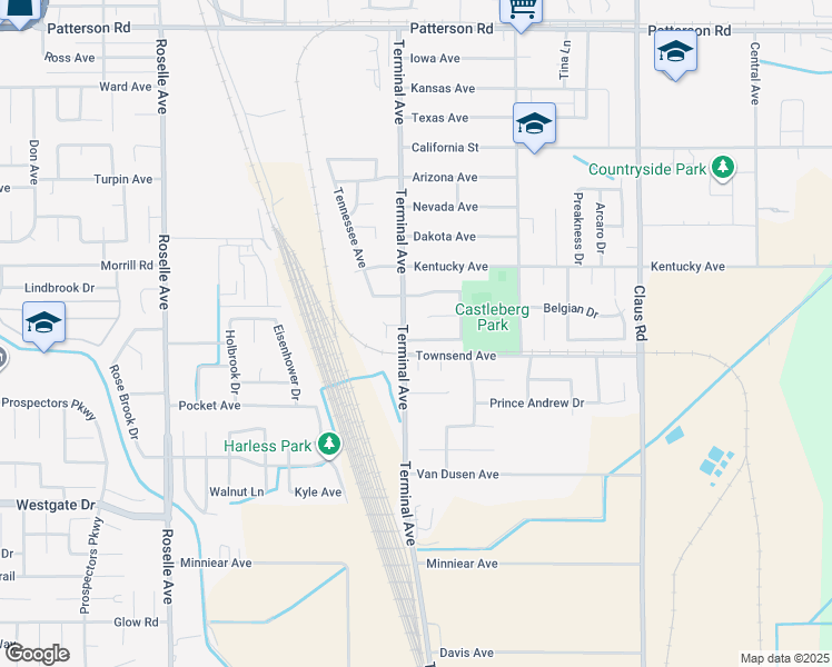 map of restaurants, bars, coffee shops, grocery stores, and more near 3624 Castleberg Court in Riverbank