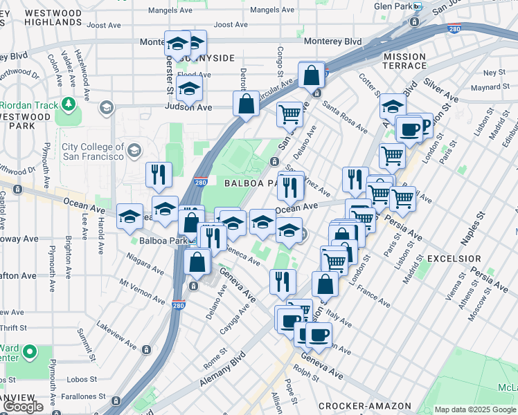 map of restaurants, bars, coffee shops, grocery stores, and more near 380 Delano Avenue in San Francisco