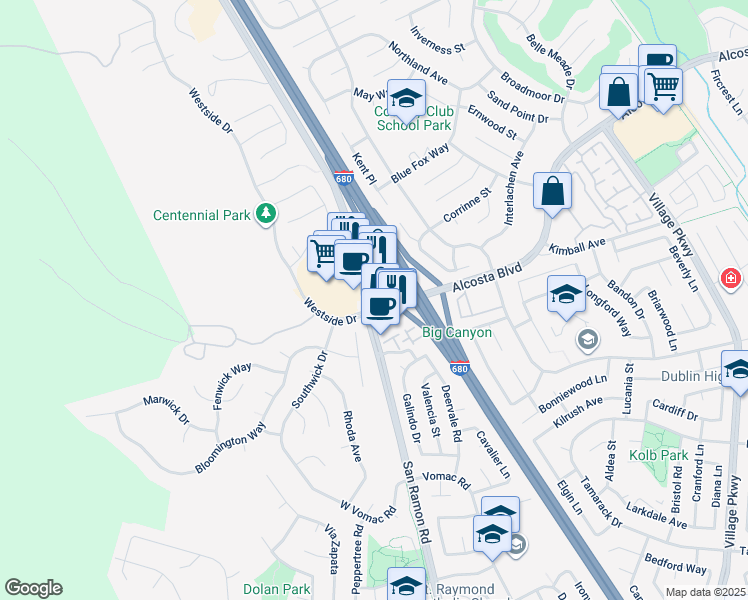 map of restaurants, bars, coffee shops, grocery stores, and more near 21320 San Ramon Valley Boulevard in San Ramon