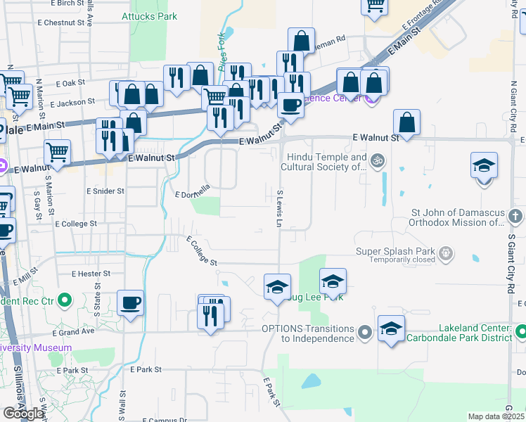 map of restaurants, bars, coffee shops, grocery stores, and more near 1001 East Cindy Street in Carbondale