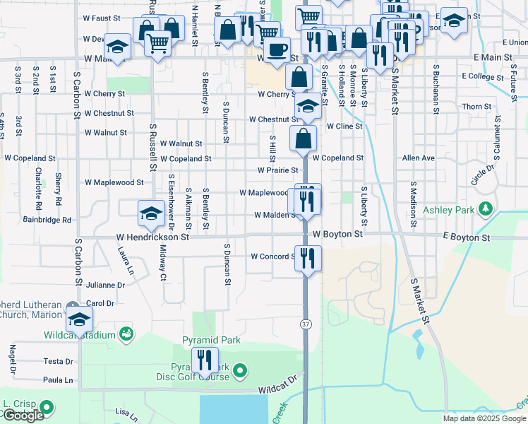map of restaurants, bars, coffee shops, grocery stores, and more near 902 West Malden Street in Marion