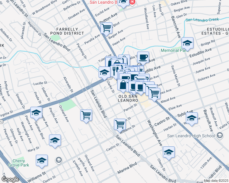 map of restaurants, bars, coffee shops, grocery stores, and more near 1360 Clarke Street in San Leandro