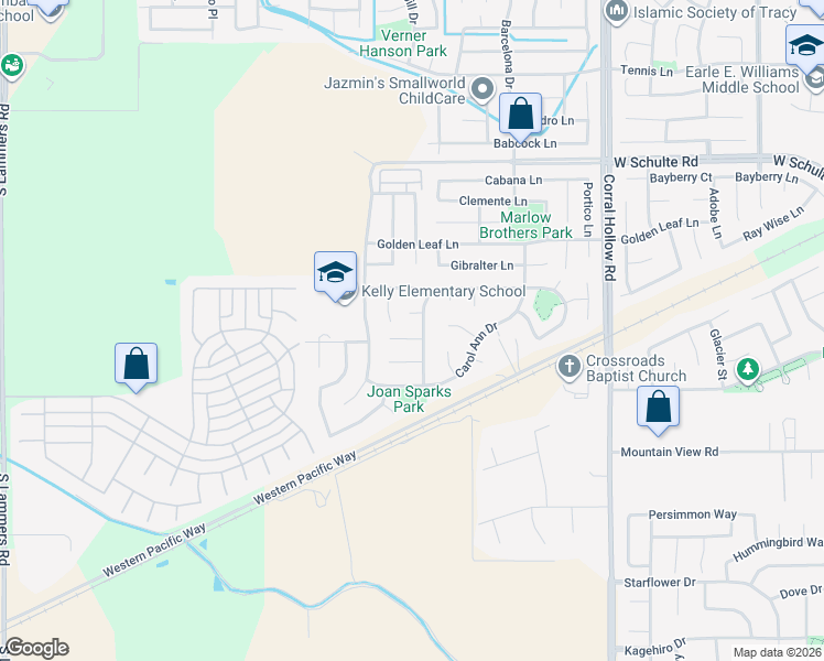 map of restaurants, bars, coffee shops, grocery stores, and more near 2433 Colby Court in Tracy