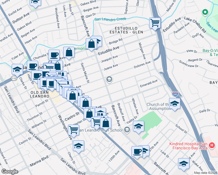 map of restaurants, bars, coffee shops, grocery stores, and more near 595 Maud Avenue in San Leandro