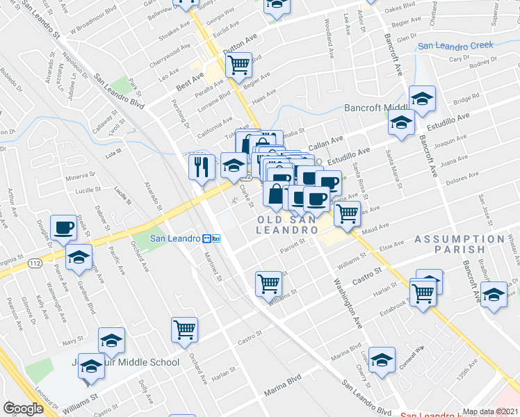 map of restaurants, bars, coffee shops, grocery stores, and more near 1345 Clarke Street in San Leandro