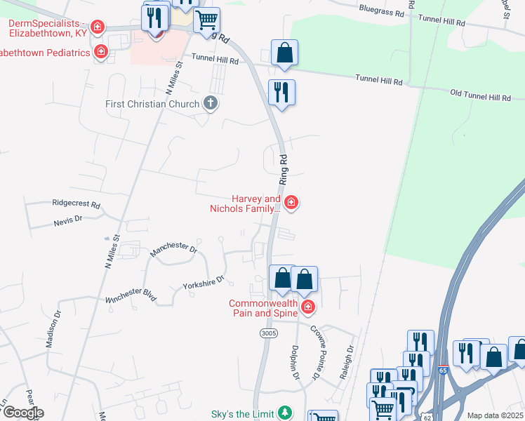 map of restaurants, bars, coffee shops, grocery stores, and more near 1704 Cliff Ridge Court in Elizabethtown