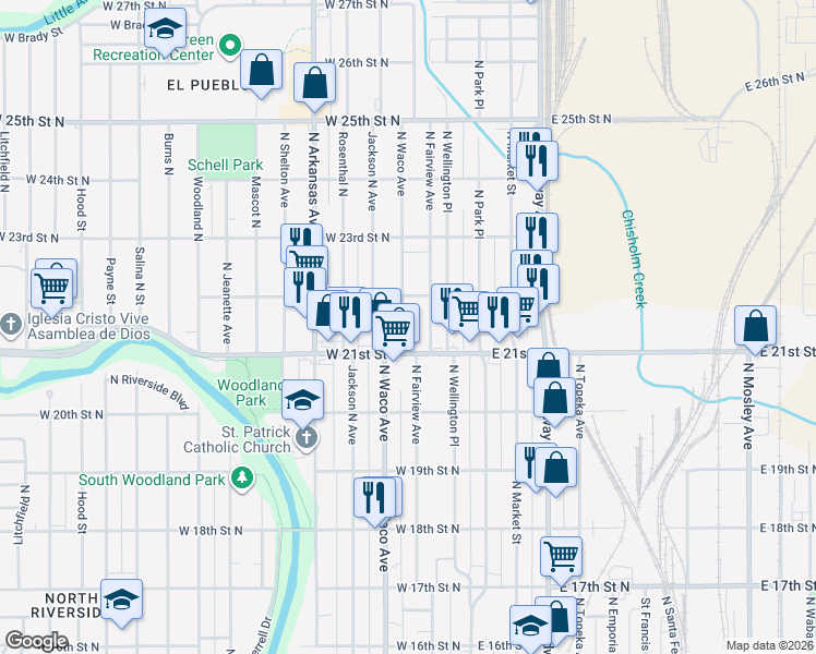 map of restaurants, bars, coffee shops, grocery stores, and more near 2220 North Waco Avenue in Wichita
