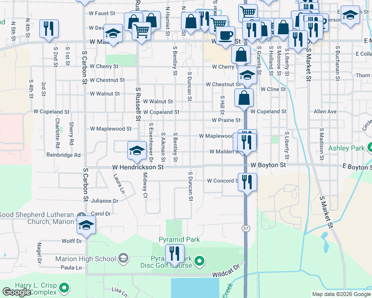 map of restaurants, bars, coffee shops, grocery stores, and more near 1100 West Malden Street in Marion