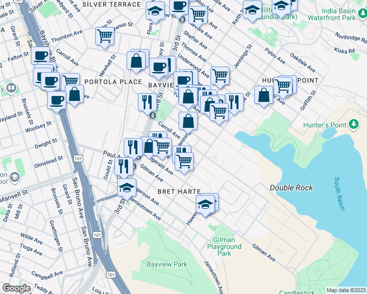 map of restaurants, bars, coffee shops, grocery stores, and more near 1485A Carroll Avenue in San Francisco